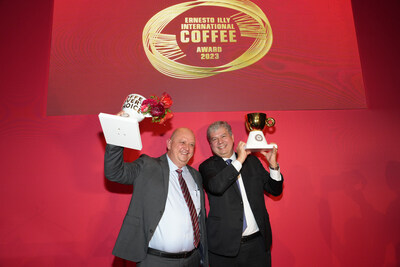 NEW YORK, NEW YORK - NOVEMBER 16: Josè Eduardo Dominicale and Luis Arimany Mondonico celebrate their wins during the 2023 Ernesto Illy International Coffee Awards on November 16, 2023 at the New York Public Library in New York City. (Photo by Bennett Raglin/Getty Images for illy)