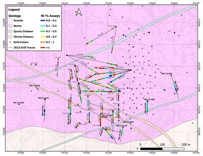 Figure 1: Plan map of the current area of drilling on the West Graham Project showing the collar locations and drill traces of the completed holes as well as all holes with assays pending. Bold collar labels indicated holes with new assay results. (CNW Group/SPC Nickel Corp.)