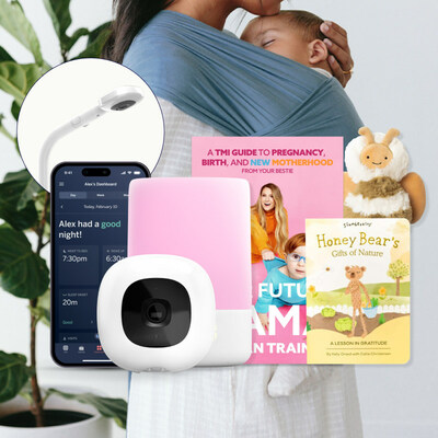 The "I Am Your Mother Bundle" meticulously curated by Meghan Trainor. The bundle includes Nanit Pro Camera with Floor Stand: The most awarded, connected baby monitor with camera and app on the market, Nanit's Sound + Light Machine, "Dear Mama: A TMI Guide to Pregnancy, Birth, and Motherhood from Your Bestie" by Meghan Trainor, Solly Baby Wrap Carrier, and Slumberkins Gratitude Bundle: Honey Bee Mini & Honey Bear Book.