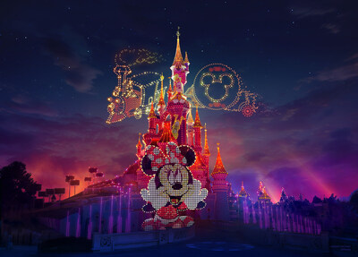 Visuel artistique de l’une des scènes de Disney Electrical Sky Parade, le nouveau spectacle de drones de Disneyland