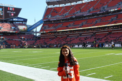 Wendy's Cleveland Browns Jr. Reporter Grand Prize winner Lily Raghavan interviewed former Cleveland Browns Cornerback Joe Haden and gave the pre-game weather report on the field at the November 19 game at Cleveland Browns Stadium.