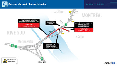 Entraves majeures - Pont Honoré-Mercier - Fin de semaine du 24 novembre 2023 (Groupe CNW/Ministère des Transports et de la Mobilité durable)