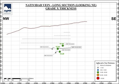 Figure 2 Long section of the Natividad vein – notes on calculation of AgEq values are detailed below Table 1 (CNW Group/Silver Mountain Resources Inc.)