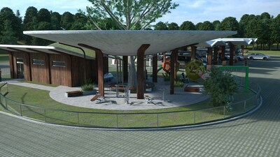 Amenities, including restrooms, a playground and fitness equipment, help eRV owners relax and recharge alongside their vehicles. These facilities, like the entire concept charging station, are designed to blend into their natural surroundings.