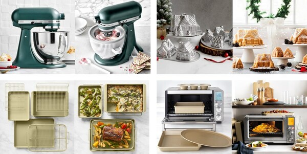 Clockwise from top left - KitchenAid® Stand Mixer, Nordic Ware Gingerbread House Set, Breville Smart Oven Air Fryer Pro Williams Sonoma Nonstick 4-Piece Bundle, Williams Sonoma Savory Bakeware.