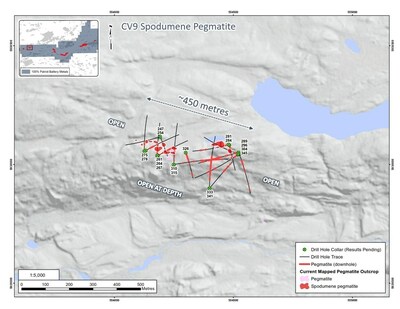 Figure 1: Drill holes completed at the CV9 Spodumene Pegmatite. (CNW Group/Patriot Battery Metals Inc)