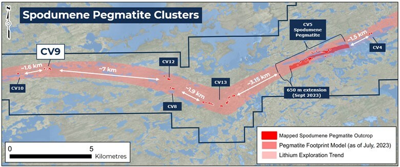 Figure 2: Location of the CV9 Spodumene Pegmatite on the Corvette Property. (CNW Group/Patriot Battery Metals Inc)