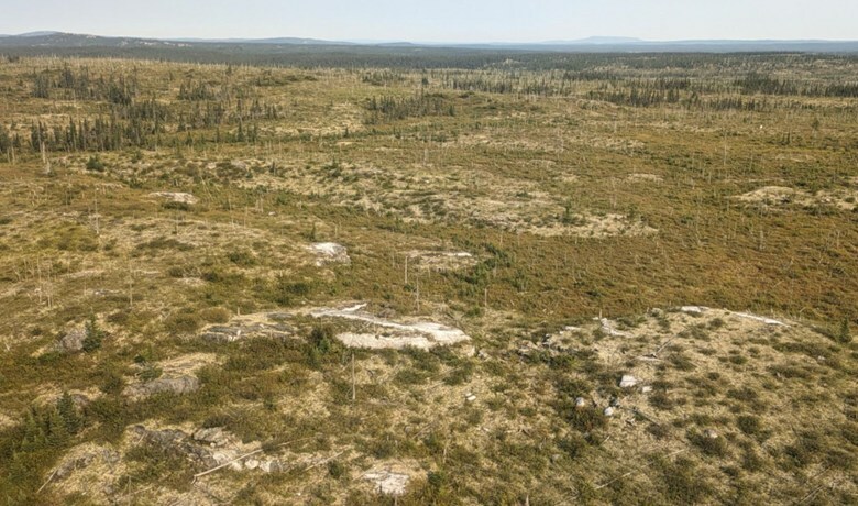 Figure 3: Spodumene mineralized outcrop at the CV9 Pegmatite (looking west-northwest). (CNW Group/Patriot Battery Metals Inc)