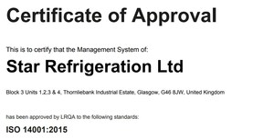 Star Refrigeration achieves ISO 14001:2015 certification for environmental excellence