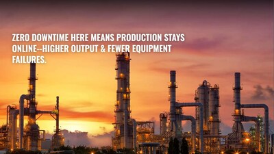 Photo of a petrochemical plant with a caption that states, "Zero Downtime here means production stays online--higher output & fewer equipment failures."