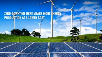 Photo of solar panels and wind turbines with a caption stating, "Zero downtime here means more energy production at a lower cost."
