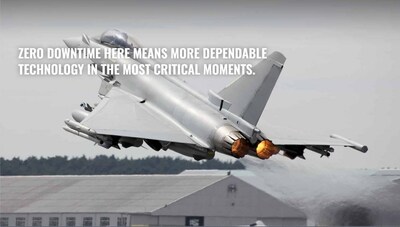 Photo of a fighter jet with a caption stating, "Zero downtime here means more dependable technology in the most critical moments."