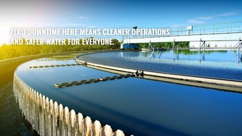 Photo of water treatment facility with a caption stating, "Zero downtime here means cleaner operations and safer water for everyone."