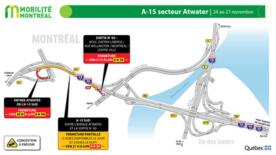 A-15 secteur Atwater, 24 au 27 novembre (Groupe CNW/Ministère des Transports et de la Mobilité durable)