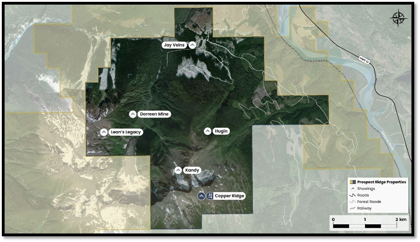 Figure 1: Copper Ridge mineralized zone location in relation to other exploration targets within the Knauss Creek Property. (CNW Group/Prospect Ridge Resources Corp.) Figure 1: Copper Ridge mineralized zone location in relation to other exploration targets within the Knauss Creek Property. (CNW Group/Prospect Ridge Resources Corp.)