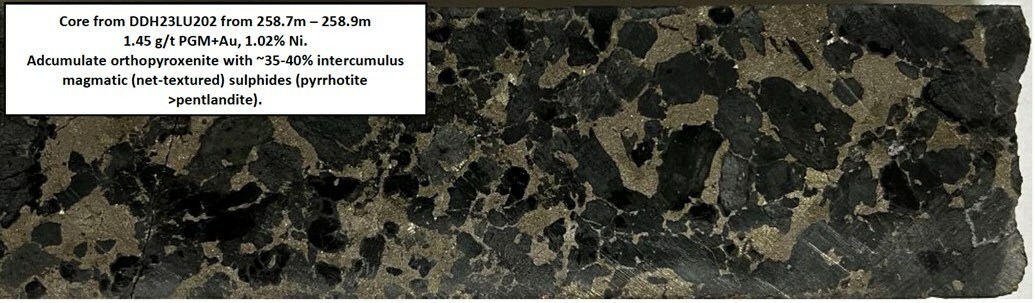 Figure 1: Core Photo DDH23LU202, magmatic nickel sulphide mineralization - North Sector. (CNW Group/Bravo Mining Corp.) Figure 1: Core Photo DDH23LU202, magmatic nickel sulphide mineralization - North Sector. (CNW Group/Bravo Mining Corp.)