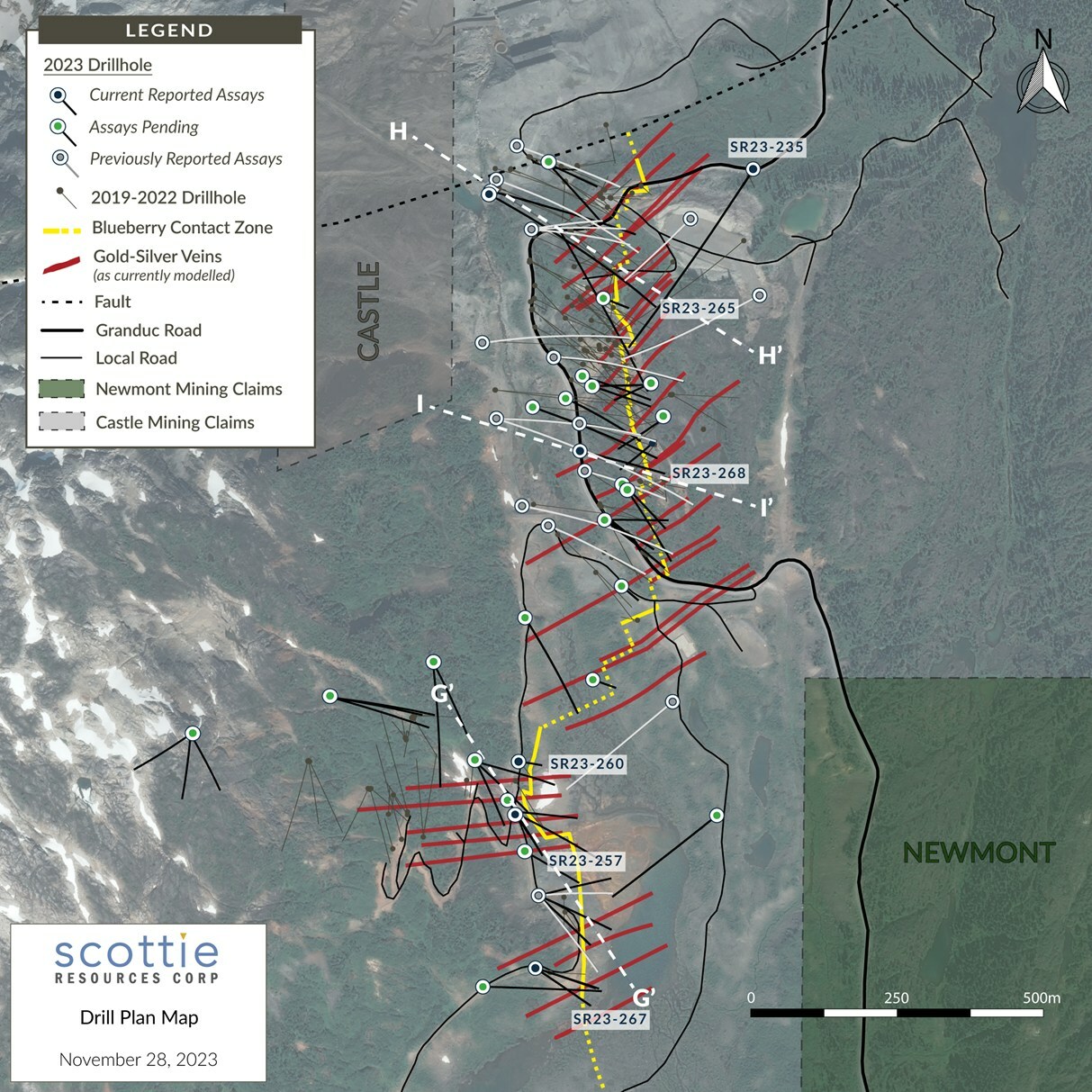 Figure 1: Overview plan view map of the Scottie Gold Mine Project, illustrating the locations of the reported drill results, cross-sections (Figures 2 - 4), and the distribution of the modelled sulphide-rich cross-structures. (CNW Group/Scottie Resources Corp.)