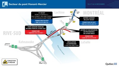 Entraves majeures - Pont Honor-Mercier - Fin de semaine du 1er dcembre 2023 (Groupe CNW/Ministre des Transports et de la Mobilit durable)