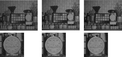 Image quality and noise comparison in dark location: Lighting wavelength 1450 nm (Left: Other SSS product, 1.34 effective megapixels; Center: IMX992, HCG mode selected; Right: IMX992, HCG mode selected, DRRS enabled)