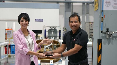 Handing over First Delivery of the Airbus A220 Escape Hatch Door Assembly produced in Dynamatic’s facility to Airbus Atlantic Representative. Picture Courtesy: © Dynamatic Technologies Limited