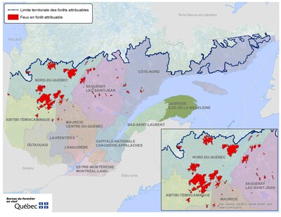 Localisation des feux de 2023 en fort attribuable (Groupe CNW/Bureau du forestier en chef)