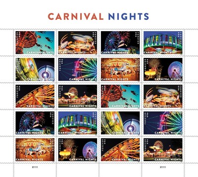 U.S. Postal Service Reveals Additional Stamps for 2024 - Carnival Nights Stamps Pane - Image Credit: U.S. Postal Service
