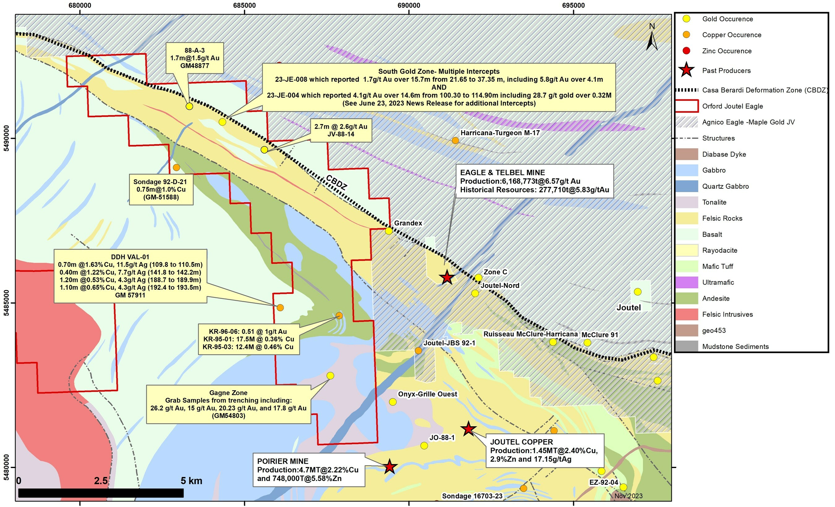 Figure 1: The Joutel Eagle Property (Option Agreement with Globex). Drill assay results are downhole lengths, true thickness cannot be established with available information. Historical data has been sourced from SIGEOM and has not been independently verified by a Qualified Person as defined by 43-101. (CNW Group/Orford Mining Corporation) Figure 1: The Joutel Eagle Property (Option Agreement with Globex). Drill assay results are downhole lengths, true thickness cannot be established with available information. Historical data has been sourced from SIGEOM and has not been independently verified by a Qualified Person as defined by 43-101. (CNW Group/Orford Mining Corporation)