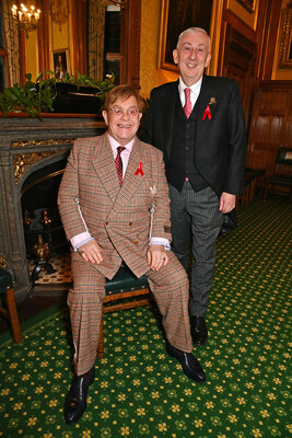 LONDON, ENGLAND - NOVEMBER 29: Sir Elton John and Sir Lindsay Hoyle, Speaker of the House of Commons, attend a reception honouring Sir Elton John hosted by the All Party Parliamentary Group on HIV/AIDS at Speakers House in recognition of his enduring commitment to ending the AIDS epidemic, both personally and through the work of the Elton John AIDS Foundation, on November 29, 2023 in London, England. - Photo by Dave Benett