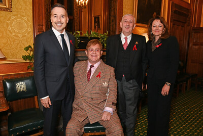 LONDON, ENGLAND - NOVEMBER 29: (L to R) David Furnish, Sir Elton John, Sir Lindsay Hoyle, Speaker of the House of Commons, and CEO of the Elton John AIDS Foundation Anne Aslett attend a reception honouring Sir Elton John hosted by the All Party Parliamentary Group on HIV/AIDS at Speakers House in recognition of his enduring commitment to ending the AIDS epidemic, both personally and through the work of the Elton John AIDS Foundation, on November 29, 2023 in London, England. - Photo by Dave Benett
