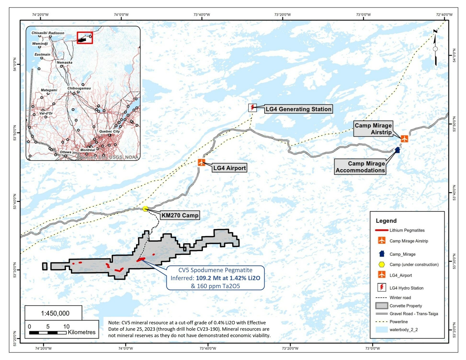 Figure 1: Corvette Project, CV5 Spodumene Pegmatite, and regional infrastructure (CNW Group/Patriot Battery Metals Inc)