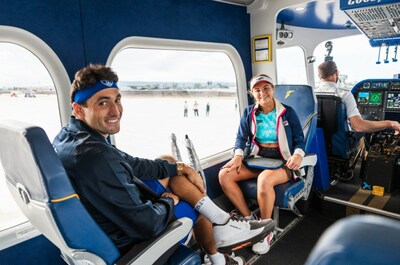 Professional Pickleball Association (PPA) Tour athletes Anna Leigh Waters and Jay Devilliers are shown seated on the Goodyear Blimp about to take their first-ever flight on the aircraft.