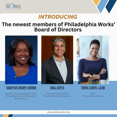 "Introducing the newest members of Philadelphia Works' Board of Directors. From left to right: Haniyyah Sharpe-Brown, Anuj Gupta, and Tonya Ladipo. With proven leadership in their respective fields, they are poised to drive innovation and progress at Philadelphia Works."