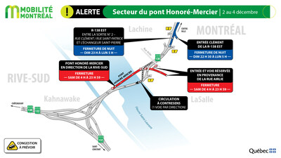2.  Secteur du pont Honoré-Mercier, 2 au 4 décembre (Groupe CNW/Ministère des Transports et de la Mobilité durable)