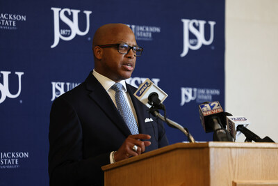 Jackson State University's newly appointed president, Marcus L. Thompson, Ph.D.,  addresses the media during his first press conference on Nov. 30, 2023. (JSU / Charles A. Smith)