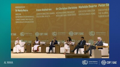 From left to right Dr. Maria Neira, Irene Atuhairwe, Dr. Christos Christou, Mafalda Duerte, Rajiv Shah, Peter Sands - Leaders meet at the inaugural Health Day at COP28