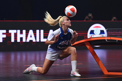 BANGKOK, THAILAND - DECEMBER 02: Carolyn Greco of USA competes in the Women's Singles Bronze match between Romania and USA during day 4 of the 2023 Teqball World Championship at Bangkok Arena on December 02, 2023 in Bangkok, Thailand. (Photo by Albert Perez/Getty Images for Teqball World Championship)
