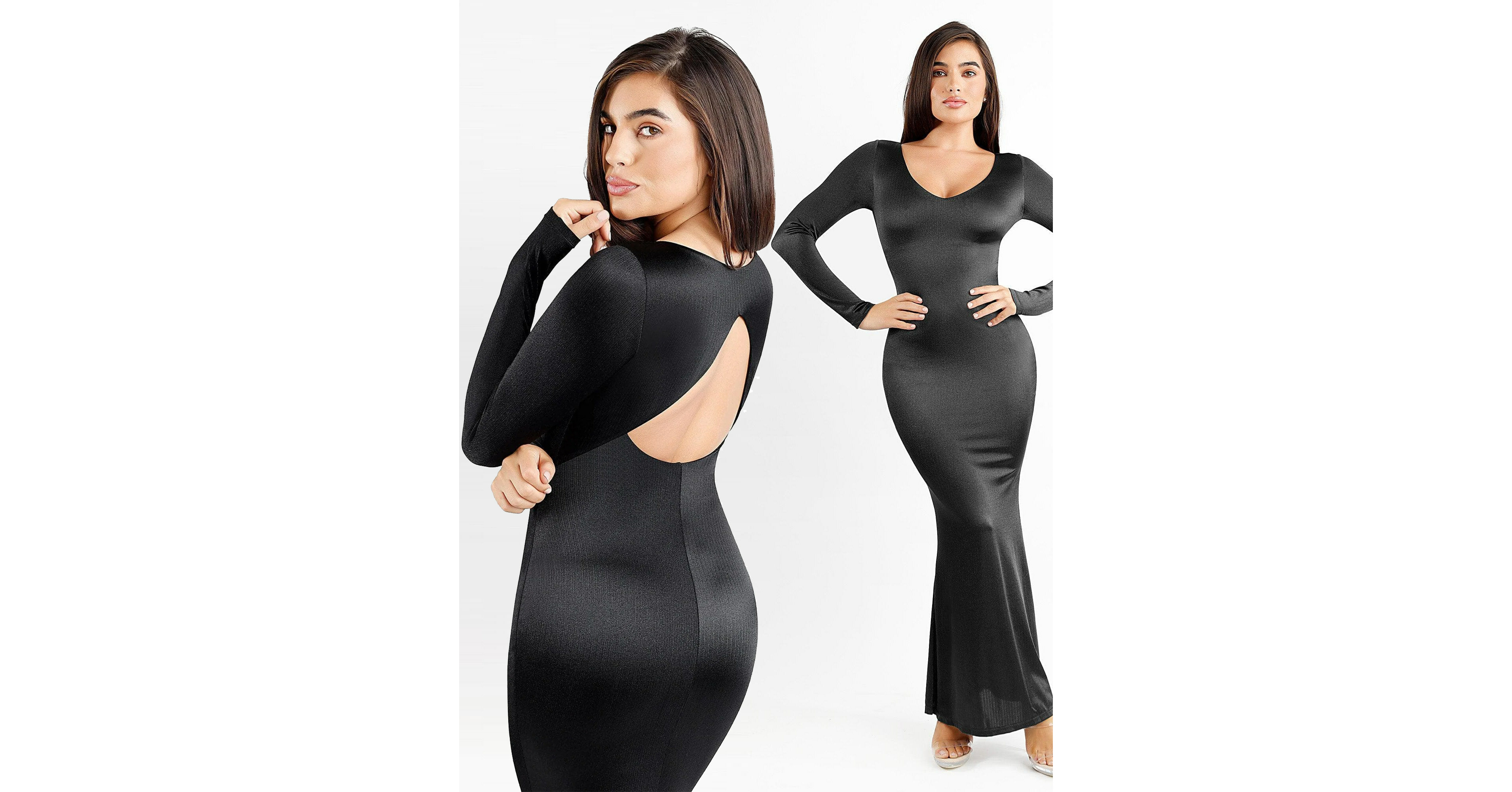 Built-In Shapewear Long Sleeve Cut-Out Back Shine Maxi Dress – Popilush®CA