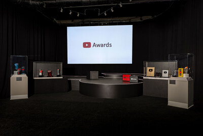 The YouTube Creators Stage: Iconic Awards and Artistic Collaborations celebrates the extraordinary contributions of YouTube creators and their vibrant community. A selection of these trophies are shown here.  Photography by Heather Ison