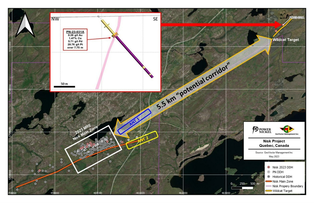 Figure 1 – Plan view showing the location of the “Wildcat Target” area with respect to Nisk Main. (CNW Group/Power Nickel Inc.) Figure 1 – Plan view showing the location of the “Wildcat Target” area with respect to Nisk Main. (CNW Group/Power Nickel Inc.)