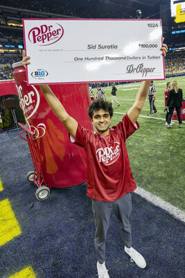 Siddharth S. winning the Dr Pepper Tuition Toss during halftime at the 2023 Big Ten Championship Game on December 2, 2023, at the Lucas Oil Stadium in Indianapolis, IN. (AP Images for Dr Pepper)