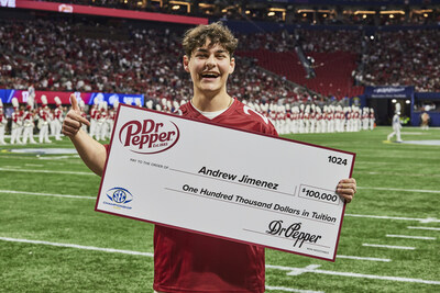 Andrew J. winning the Dr Pepper Tuition Toss during halftime at the 2023 SEC Championship Game on December 2, 2023, at the Mercedes-Benz Stadium in Atlanta, GA. (AP Images for Dr Pepper)