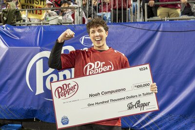 Noah C. winning the Dr Pepper Tuition Toss during halftime at the 2023 ACC Championship Game on December 2, 2023, at the Bank of America Stadium in Charlotte, NC. (AP Images for Dr Pepper)
