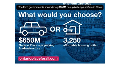 What would you choose? $650 million for Ontario Place spa or 3250 affordable housing units in your community? (CNW Group/Ontario Place for All)