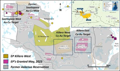 Figure 1. Location of the newly-granted Killero West permit plus the five exploration permits  granted in May, 2023 (Saattopora W, Keisunselka, Jolhikko, Katajavaara, and Killero East) in the Northern Finland Gold-Copper Project. (CNW Group/Capella Minerals Limited)