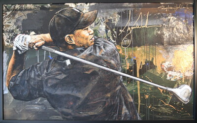 Original 46" x 28" oil painting of Tiger Woods, by artist Stephen Holland, which is signed by Tiger himself!