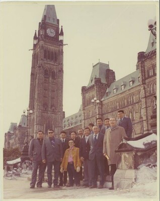 Delegation of Yukon First Nations Chiefs in Ottawa in 1973. Front row left to right: Chief Johnnie Smith - Whitehorse Indian Band, Chief Charlie Abel - Old Crow Indian Band, Chief Danny Joe -Selkirk Indian Band, Chief Ray Jackson - Champagne & Aishihik Indian Band, Chief Percy Henry - Dawson Indian Band, Chief George Billy - Carmacks Indian Band, Elijah Smith - President, Yukon Native Brotherhood. 
Second row: Chief Jimmy Enoch - Kluane Indian Band, Chief Dan Johnson - Carcross Indian Band, Chief Clifford McLeod - Ross River Indian Band, Chief Dixon Lutz - Liard First Nation, Chief Sam Johnston - Teslin Indian Band, Chief Peter Lucas - Mayo Indian Band (CNW Group/Crown-Indigenous Relations and Northern Affairs Canada)