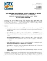NGEX ANNOUNCES UPDATED MINERAL RESOURCE ESTIMATE AT LOS HELADOS INCLUDING HIGH-GRADE FENIX AND ALICANTO ZONES; INDICATED MINERAL RESOURCES EXCEED 2.0 BILLION TONNES AT 0.51% COPPER EQUIVALENT (CNW Group/NGEx Minerals Ltd.)