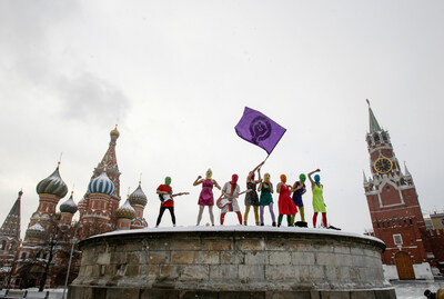 Members of the radical feminist punk group ‘Pussy Riot’ stage a protest against Vladimir Putin’s policies at the so-called Lobnoye Mesto (Forehead Place), long before used for announcing Russian tsars’ decrees and occasionally for carrying out public executions, in Red Square in Moscow.