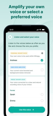Whispp Settings Screen - Voice Selection and Amplification
