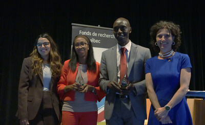 From left to right: Nadia Chanane, FRQ Program Manager, Aïda Ouangraoua, Professor, Faculty of Science, Université de Sherbrooke, Momar Ndao, Associate Professor, Department of Medicine, Faculty of Medicine and Health Sciences, McGill University, and Catherine Morency, President, Club des Ambassadeur du Palais des congrès de Montréal. Absent: Thomas Gervais, full professor, Department of Engineering Physics, Polytechnique Montréal. (CNW Group/Palais des congrès de Montréal)
